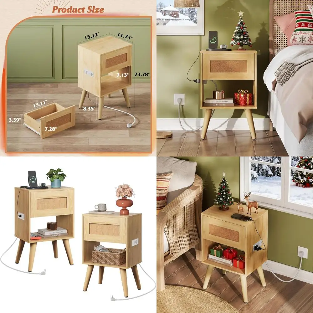 

Пара прикроватных тумбочек из натурального дуба с зарядной станцией, в богемном стиле, деревянные приставные столики для спальни или гостиной
