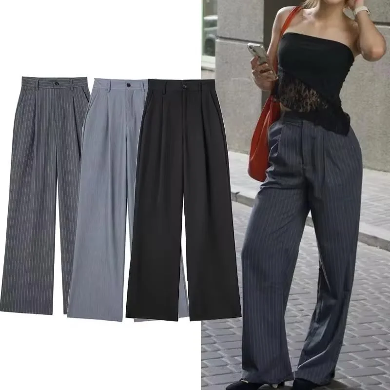 

Woman High Waist Baggy Suit Pants Female Formal Pants Office Wear Three Color Elegant Pleated Commuter Casual Wide Leg Trousers