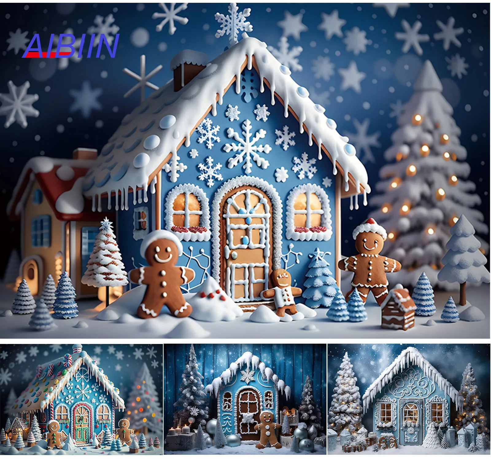 

Winter Blue Gingerbread House Photography Background Xmas Tree Santa Gift Snow Scene Christmas Eve Night Party Decor Backdrop