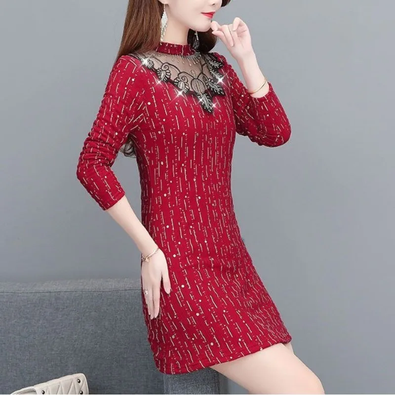 Autumn and Winter Women's Pullover Half High Collar Hollow Out Sequined Slim Bottom Fashion Casual Elegant Long Sleeve Dress