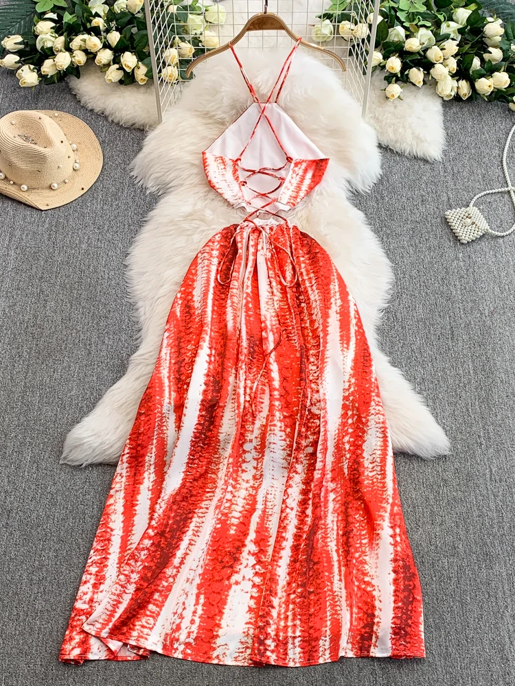 レトロなストラップ付きドレス レディース 夏休み セクシー ウエストシェイプ スリム ロングドレス 韓国風 スリーブ ハイウエスト Aラインスカート