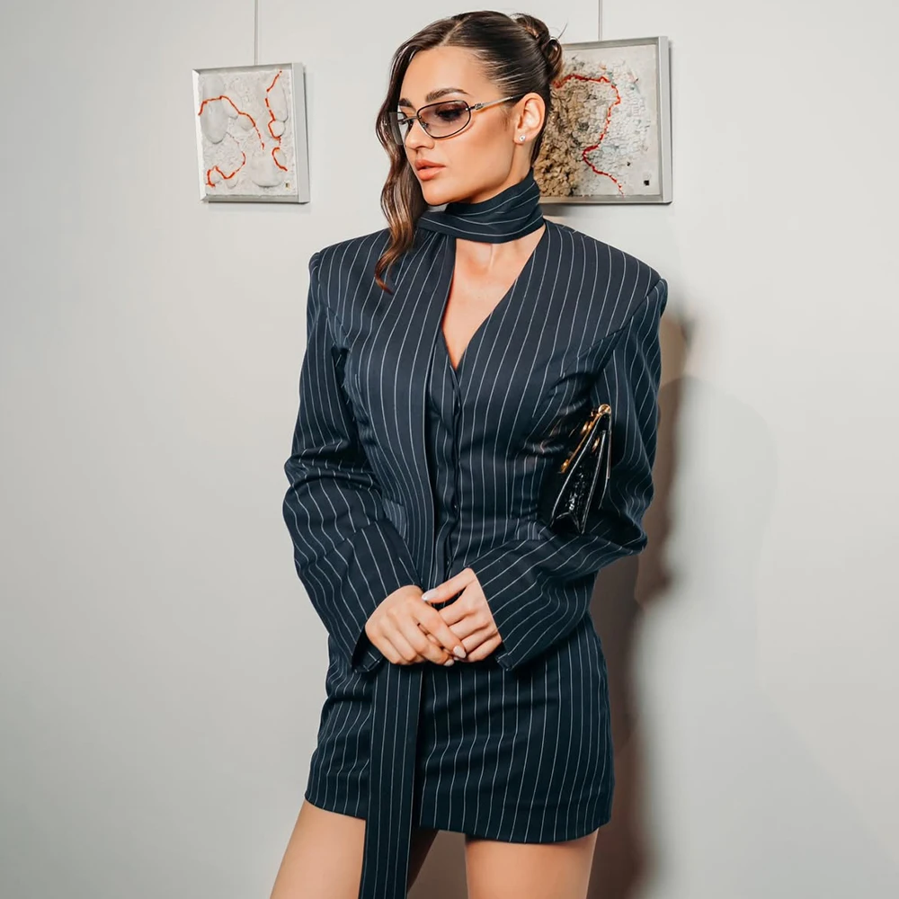 Talenza Women's Striped Blazer Elegant Ribbon Lace-up V-Neck Patchwork Long Sleeve Luxury Outwear Vintage  Women Tailored Coat