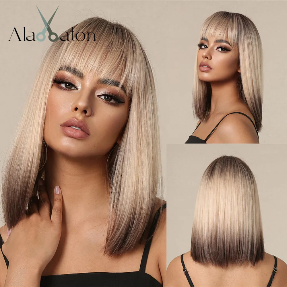 ALAN EATON Medium Length Straight Wigs with Bangs Ombre Blonde to Brown Synthetic Wig Daily Cosplay Use Heat Resistant Fake Hair