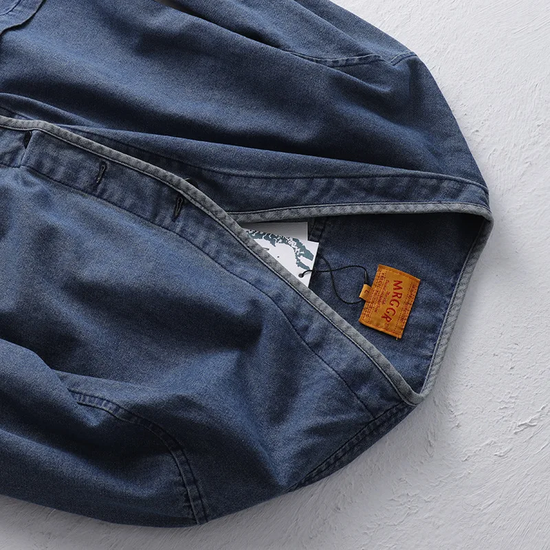 سترة يابانية ثقيلة مغسولة من قماش الدنيم للرجال معطف رجالي ربيعي بدون ياقة