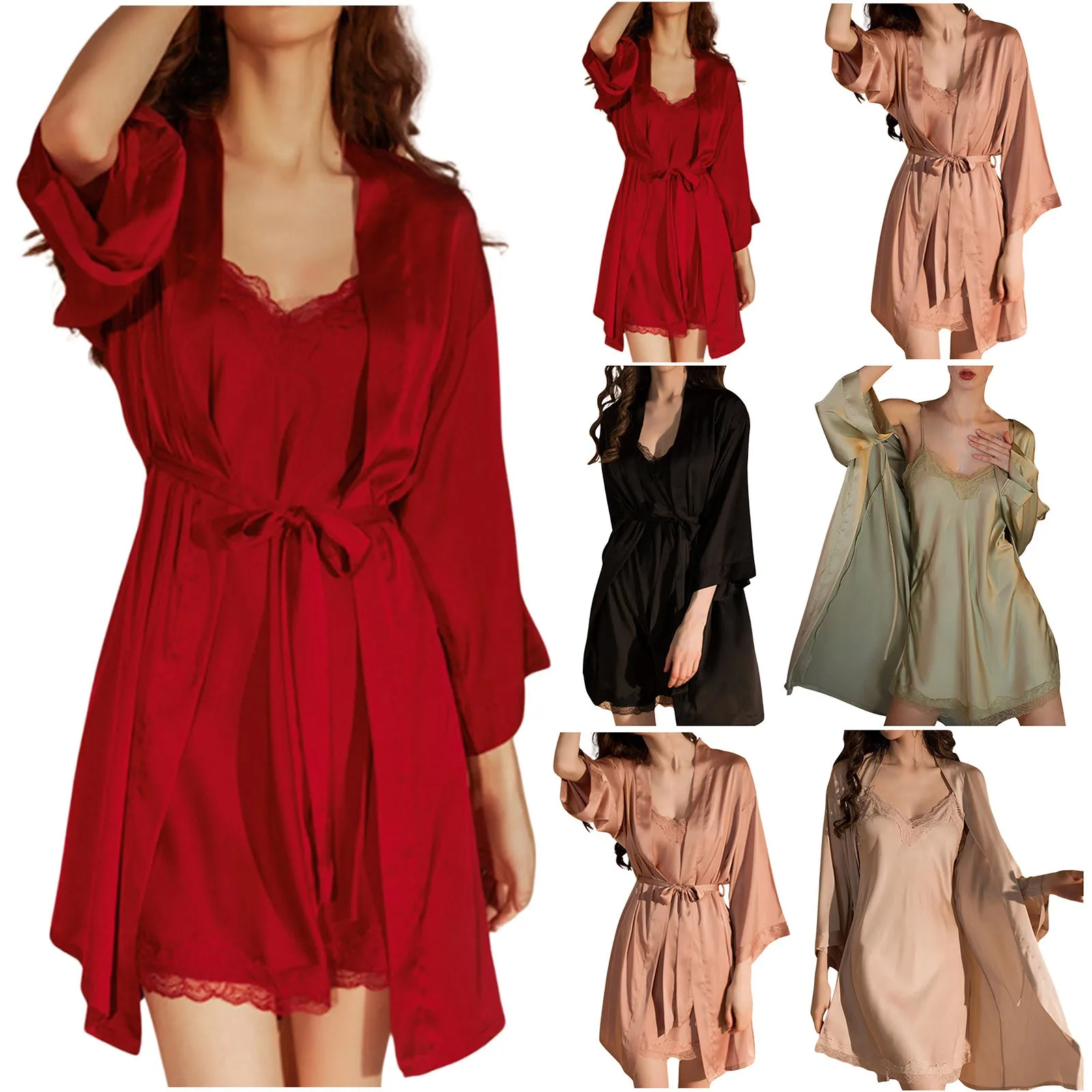 2PC Robe Nightgown Set Women Sexy Lace Bathrobe Nightdress Sleep Suit Kimono Gown Loungewear Satin Sleepwear Nightgown Home Wear