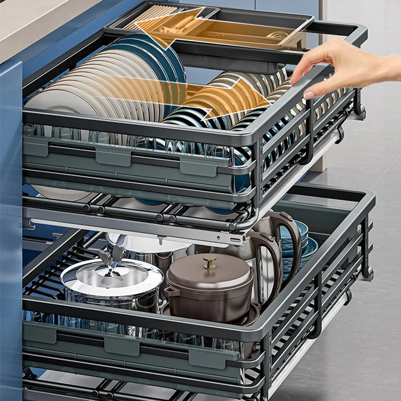 

Kitchen stainless steel dishes basket household cabinet built-in double drawer bowl basket kitchen cabinet storage bowl large