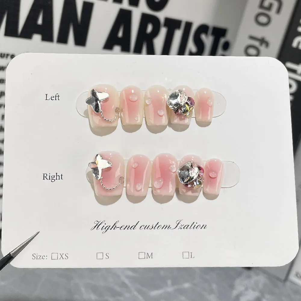 MAGO Handmade Press on Full Cover Professional Nails Blush Swoosh Stacked Diamonds Short Reusable Finished Fake Nails