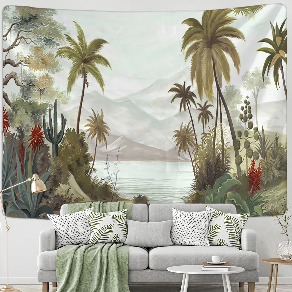 Green Parrot Tapestry Seaside Forest Plants Wall Hanging Hippie Tapiz Art Aesthetics Dorm Wall Decor