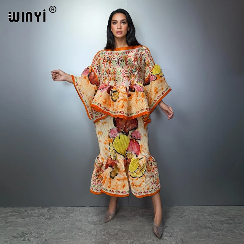 

WINYI Pleated Elastic slim dress retro beach cover up muslim woman kaftan abaya dubai luxury long down holiday evening dress