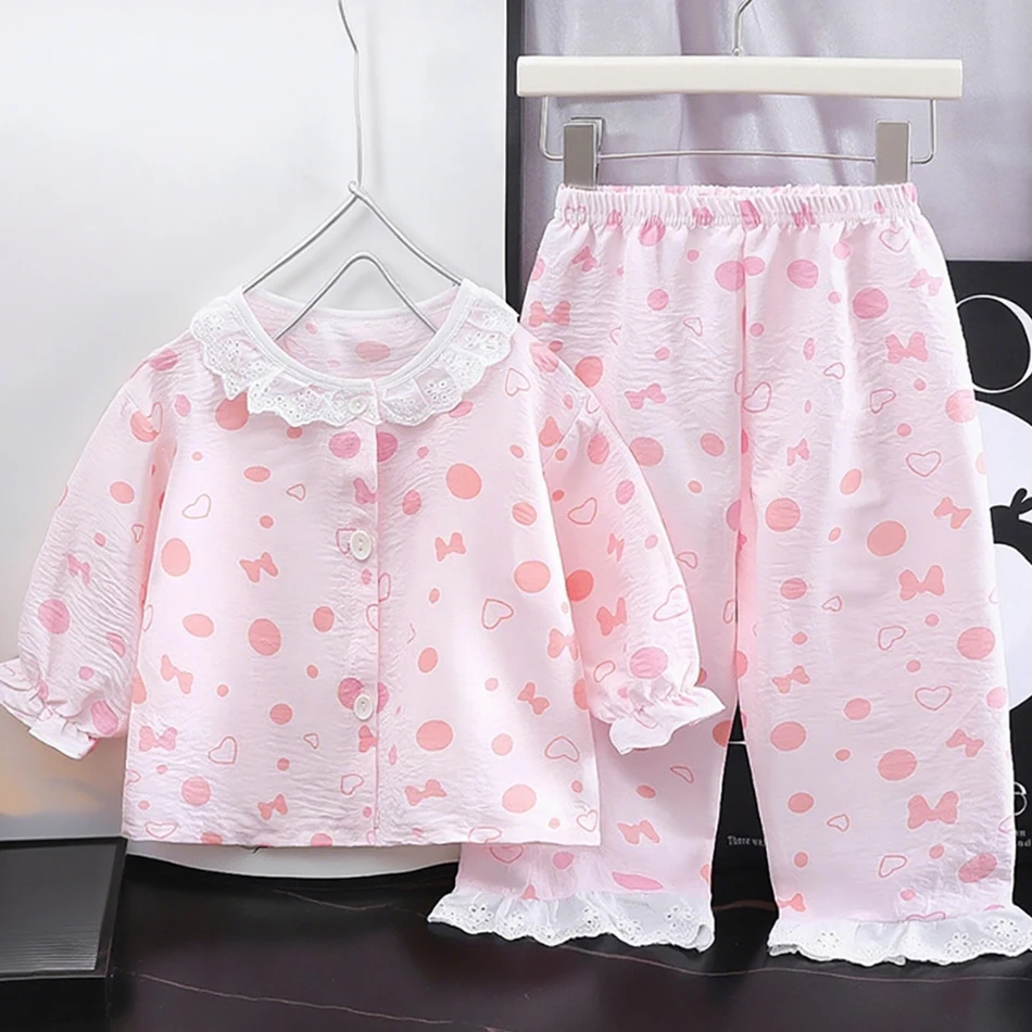 2 Pcs Spring Autumn Kids Loose Thin Pajama Lace Pants Set Girls' Print Home Clothes Sets Summer Child Air Conditioning Clothes #1