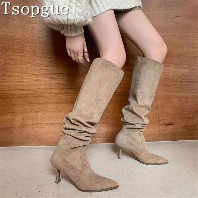 

Pointed Toe Pleated Knee High Boots Women Fashion Suede Leather Thin High Heels Boots Winter Warm Chelsea Boots