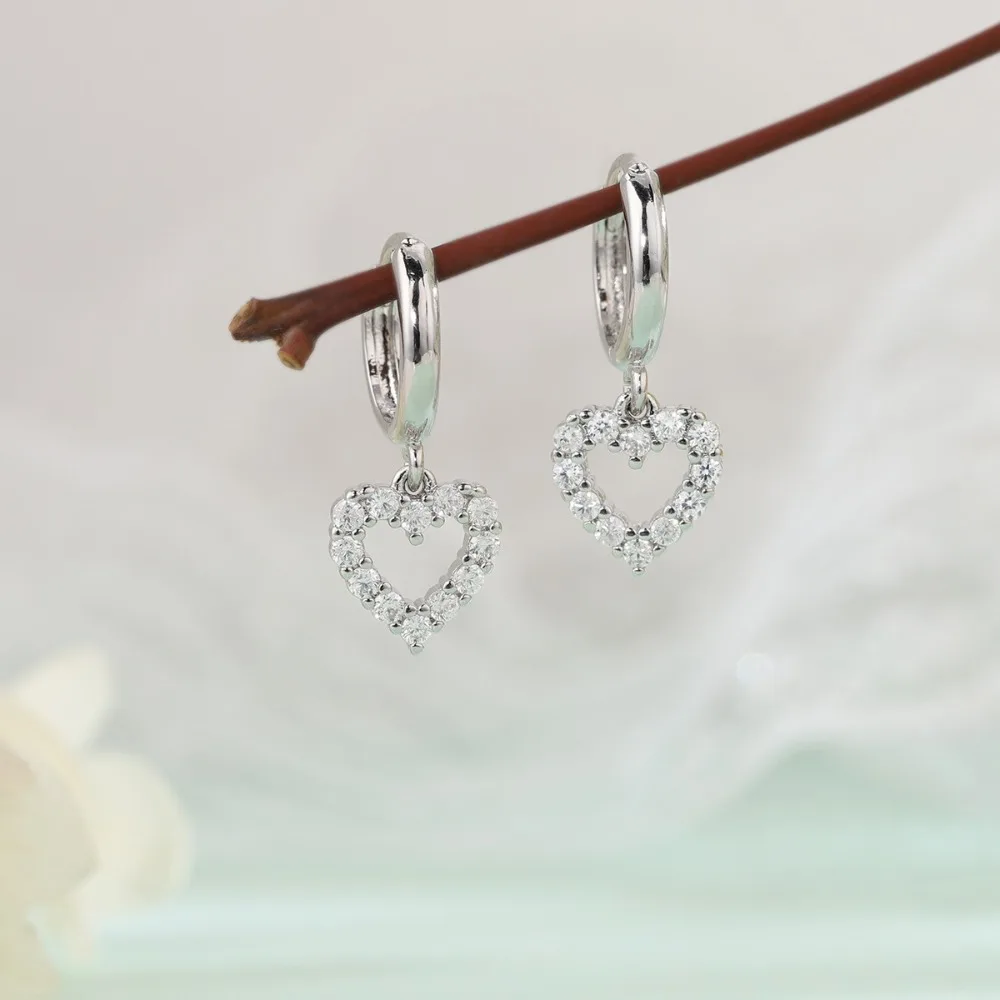 Dainty Heart Cubic Zirconia Dangle Earrings for Women Hollow CZ Heart Sweet Trendy Jewelry Daily Layering Ear Accessories