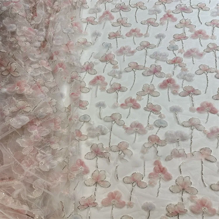 

Nicelace High Quality Colorful Embroidered Lace Fabrics Beads and floras For Dresses Wedding Gowns Garments 3 colors