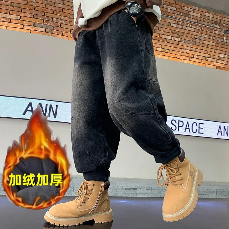 الكورية المألوف الصبي المتكاملة المخملية S كلمة الجينز شتاء دافئ سميكة الصبي الجينز الأطفال السراويل واسعة الساق طفل السراويل