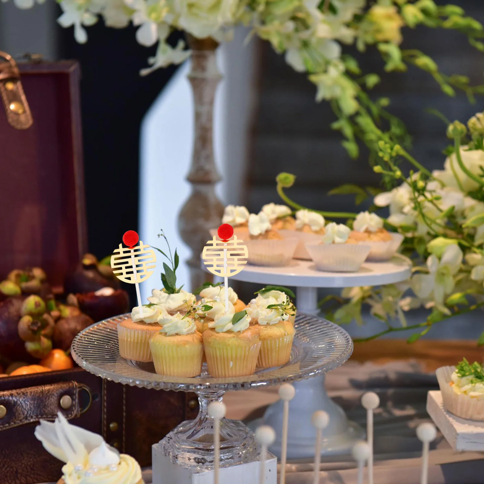 

30 Pcs Wedding Decor Double Insertion Chinese Cake Topper Xi New Memories Cupcake