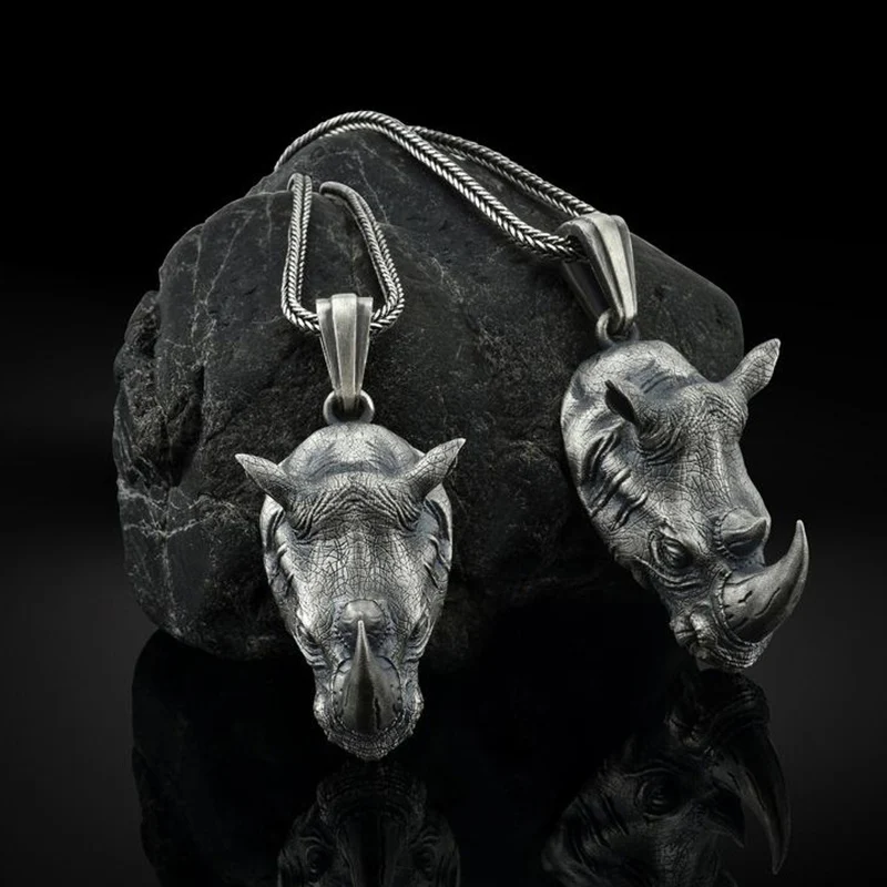 1Pcs Pure Tin Rhino Head Pendant Necklace Stainless Steel Chains Wild Rhinoceros Animal Necklace Women Men Jewelry Best Gift