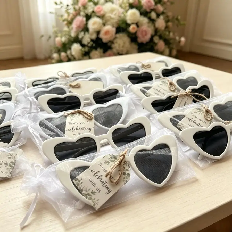 1/5/10/20/50/100pcs White Heart-Shaped Glasses Party Favors with Organza Bag And Thank You Tag, Heart Cat-Eye Glasses, Wedding G
