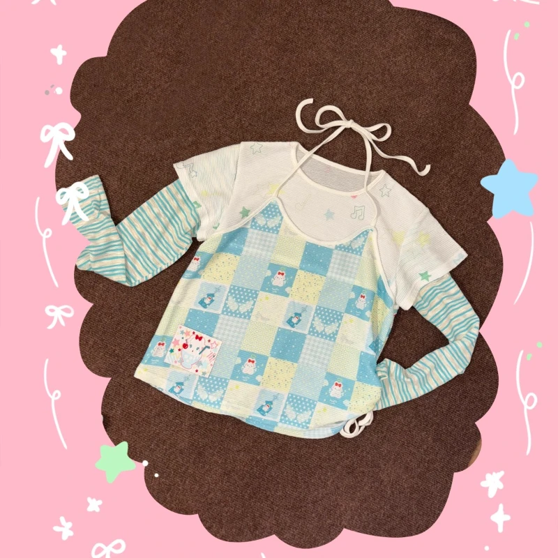 التصميم الأصلي كتلة اللون وهمية 3 قطعة 2 قطعة المرأة أفضل الخريف جديد مخطط منقوشة الربط الرسن كم طويل تي شيرت فتاة #5