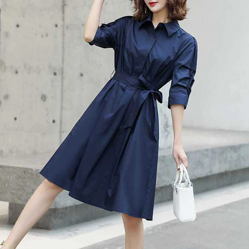 Spring Autumn Solid Elegant Fashion Chic Dress Women Half Sleeve Aesthetic Casual Vestidos De Fiesta Navy Blue Korean Robe Femme