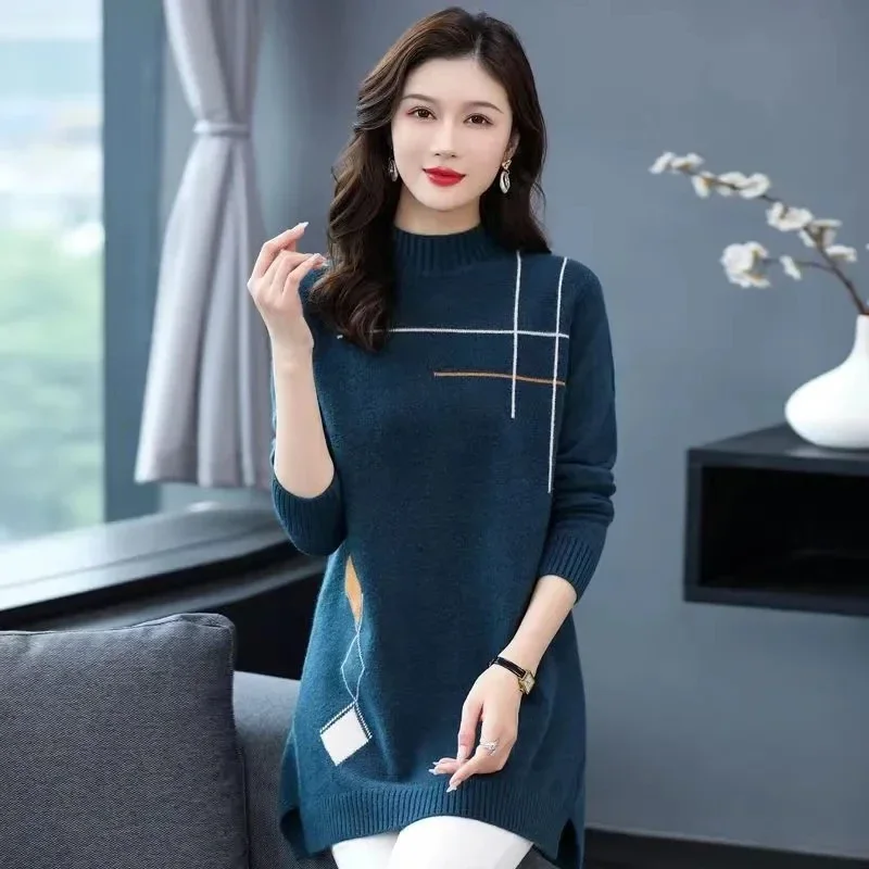 Musim gugur/musim dingin wanita Sweater Pullover Tinggi kasual serbaguna setengah kerah tinggi pertengahan panjang gaun rajut bawah kemeja wanita B601