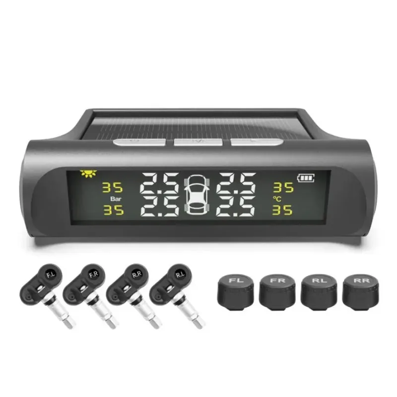 

Solar Charging Universal Smart Car TPMS Tyre Pressure Monitoring System 4 Sensors Auto Security Alarm; Digital LCD Display