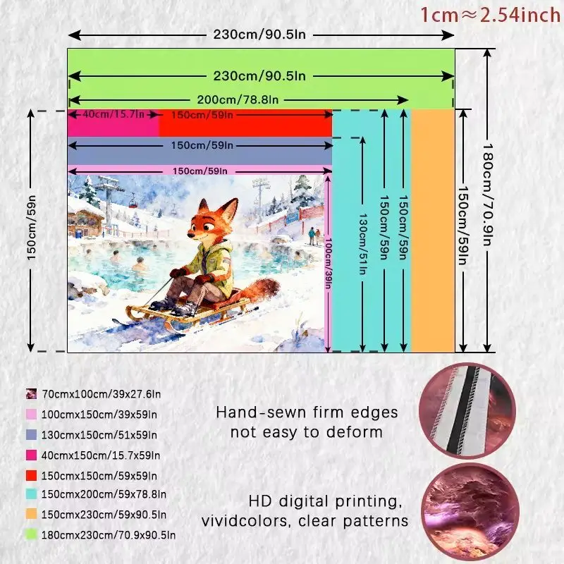 1개 귀여운 만화 여우 썰매 겨울 온천 태피스트리, 모던 수채화 폴리에스터 벽 장식 거실 침실 기숙사 장식용