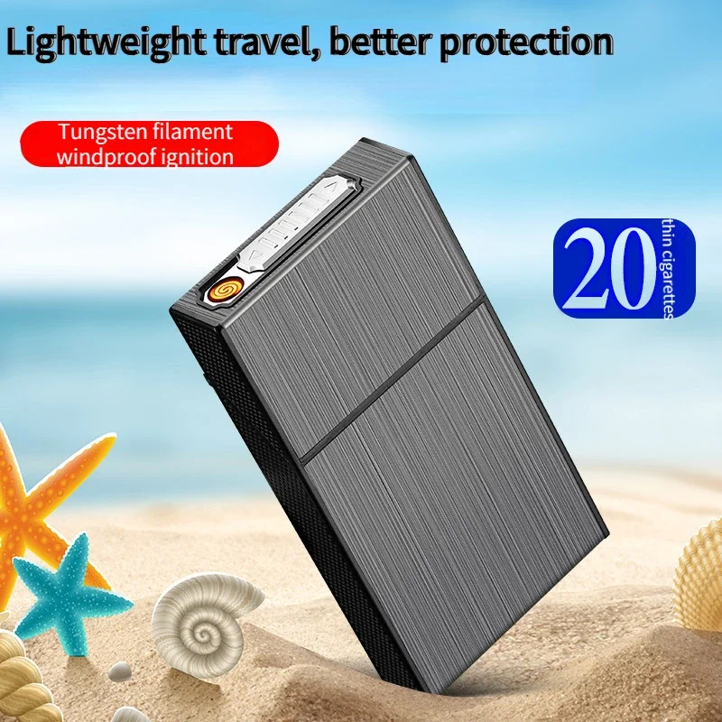 

2025 Latest USB Charging Windproof Cigarette Case Thin Cigarette 20 Pack Cigarette Case Integrated Lighter Smoking Utensils Gift