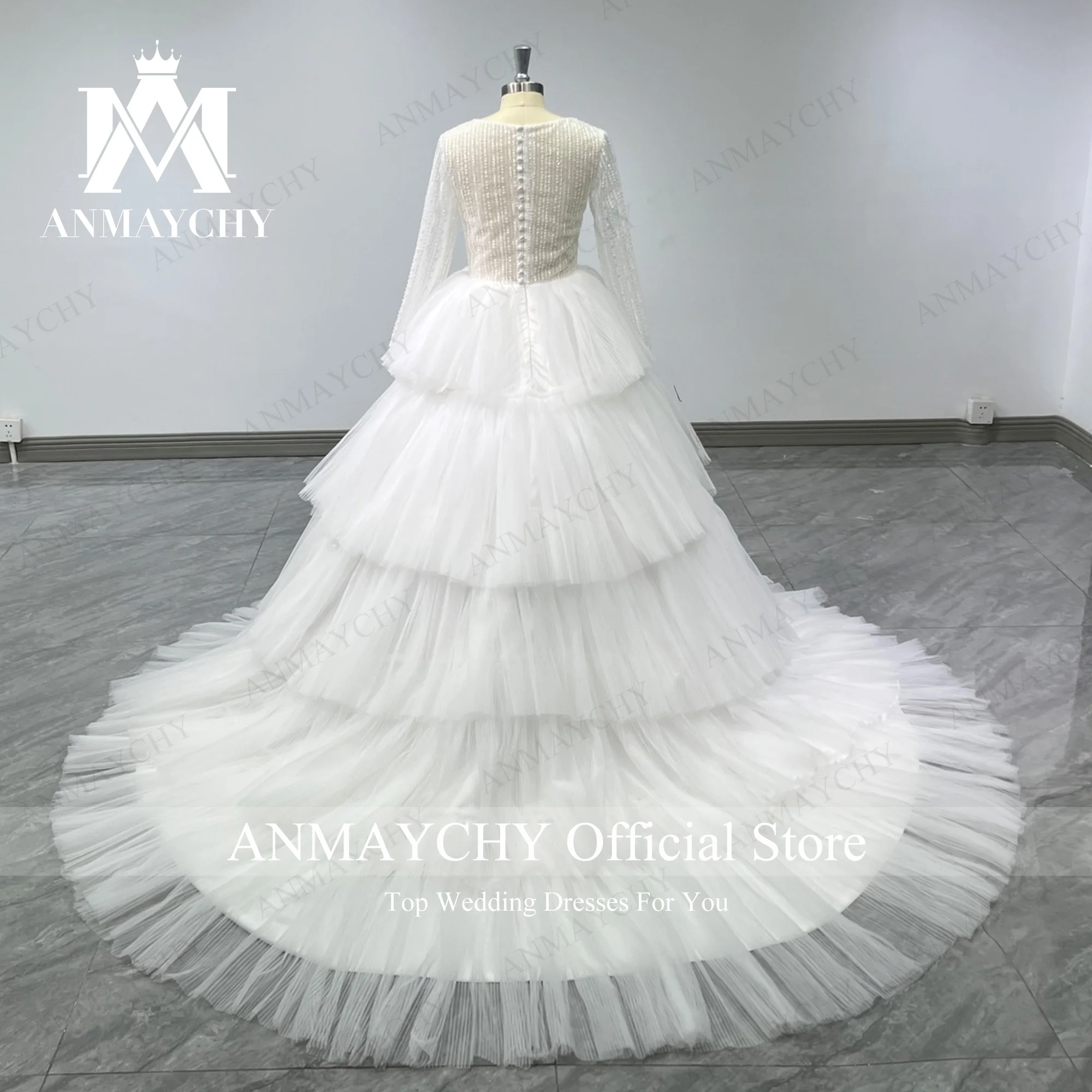 ANMAYCHY Ball Gown Long Sleeve Wedding Dresses For Women 2023 V-neck Appliques Beading Romantic Wedding Gown Vestidos De Novia