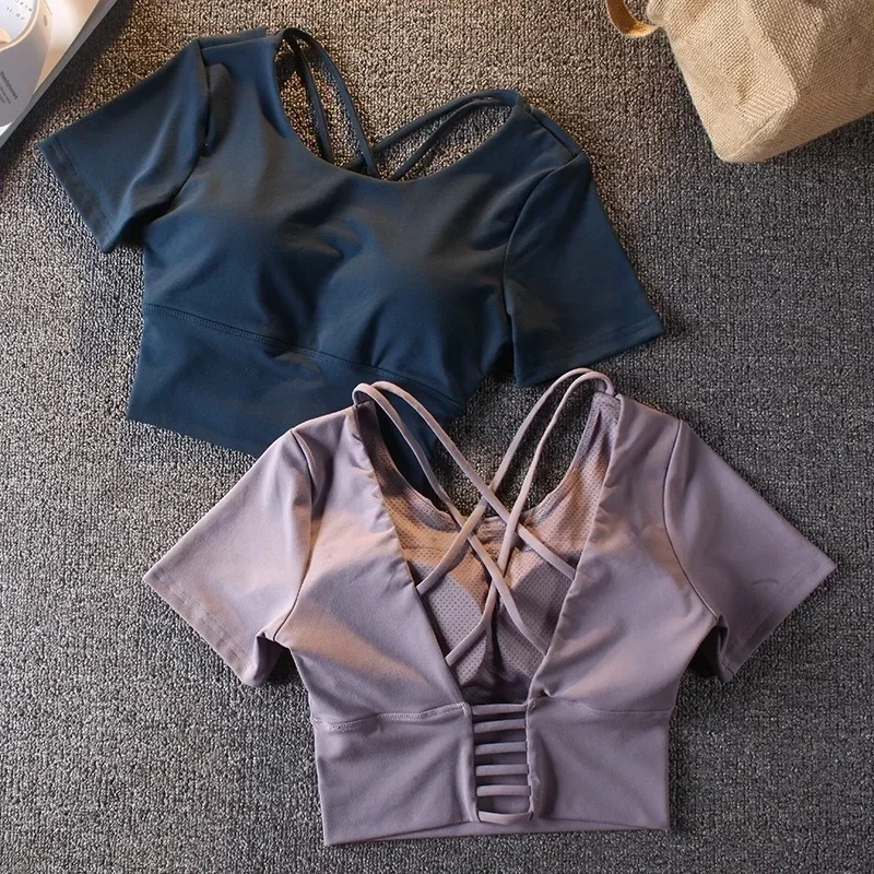 

Sexy Double-Sided Yoga Sports Tops Short Sleeves With Chest Pad Women's Autumn Summer Fitness T-Shirts Trendy Cropped Crew Neck