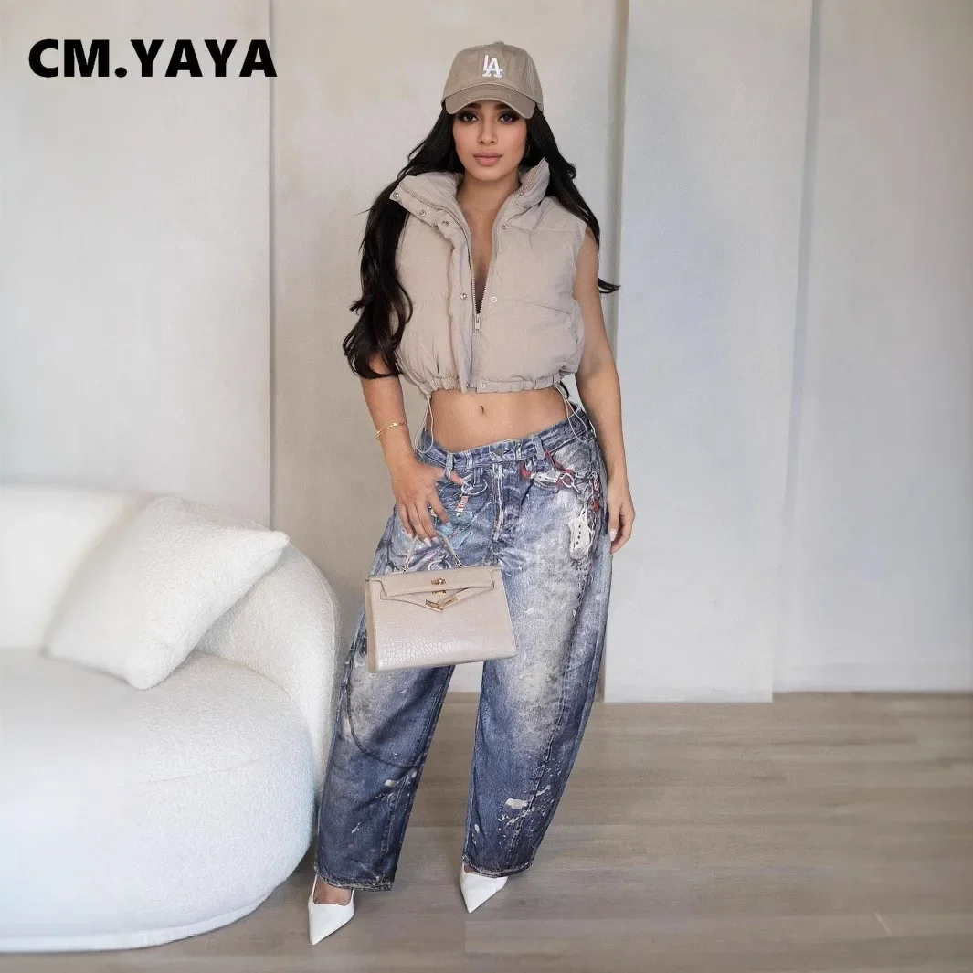 CM.YAYA Fashion Women Fake Denim 3D Print Loose Wide Leg Jogger Pants 2025 Streetwear Casual Active Hip Hop Sweatpants Trousers