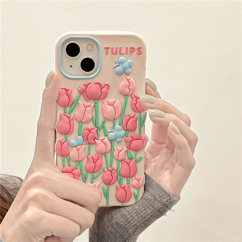 Cute 3D Tulip Flower Butterfly Case For iPhone 13 12 11 14 15 Pro Max XS X XR 7 8 14 Plus SE 3 2 Silicone Soft Phone Back Cover