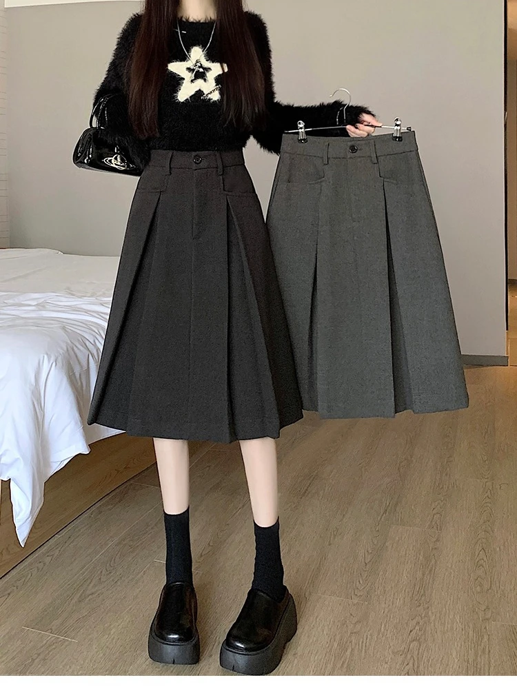 

Винтажная шерстяная плиссированная юбка для женщин, зимняя толстая юбка трапециевидной формы длиной миди, женская корейская элегантная черная, серая уличная одежда Faldas