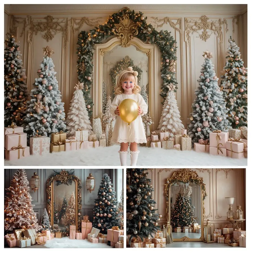 

Luxury Christmas Photography Backdrop Xmas Tree Gifts Gold Frame Baby Kids Family Art Portrait Photo Background Photo Studio