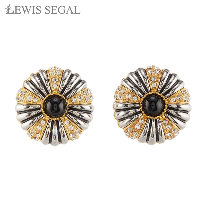 LEWIS SEGAL Exquisite Czech Diamond Onyx in Enamel Setting Stud Earring for Women 18K Gold Casual Party Daily Retro Fine Jewelry