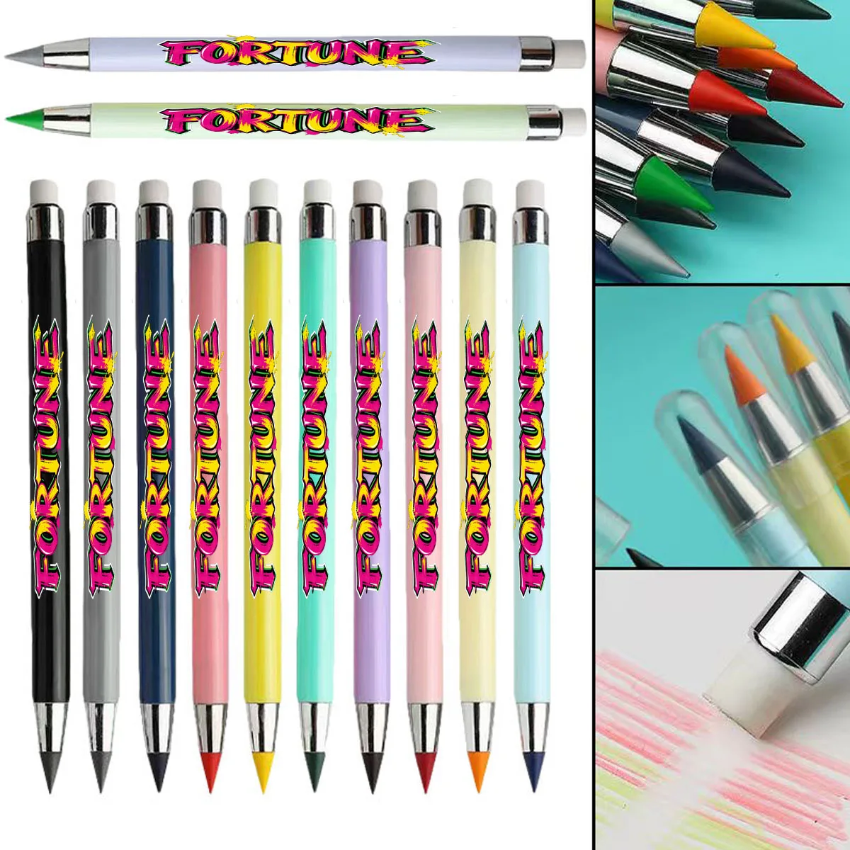 12 pacotes de lápis eterno com padrão de texto inspirador, cor macaron, não é fácil de quebrar, lápis de cor para esboço de estudante