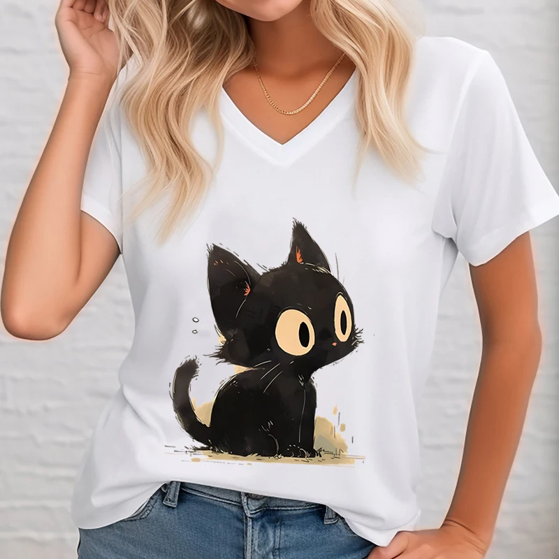 Anime Zwarte Kat Print Vrouwen T-Shirts Street Hiphop Tops T-Shirts Zomer Cartoon Kitten V-Hals Kleding Mode Vrouwen Korte Mouw