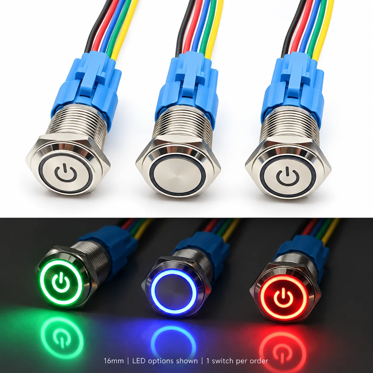 1Pc 16mm Metal Push Button Switch LED Ring Power Symbol Momentary Latching 3-6V 12-24V 220V with 150mm Wire