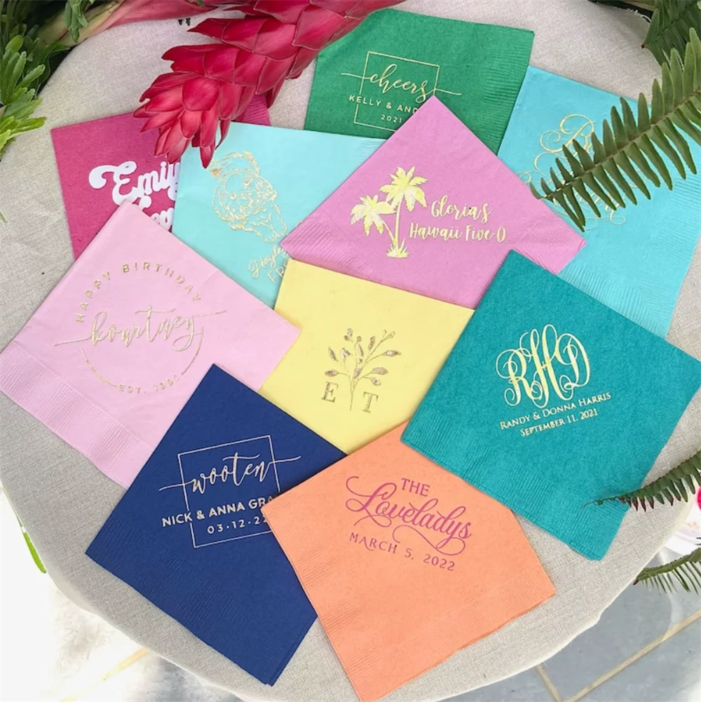 

50PCS Personalized Party Napkins, 3ply Wedding Napkins, Customized Cocktail Foil Printed Napkins, Birthday Party Beverage