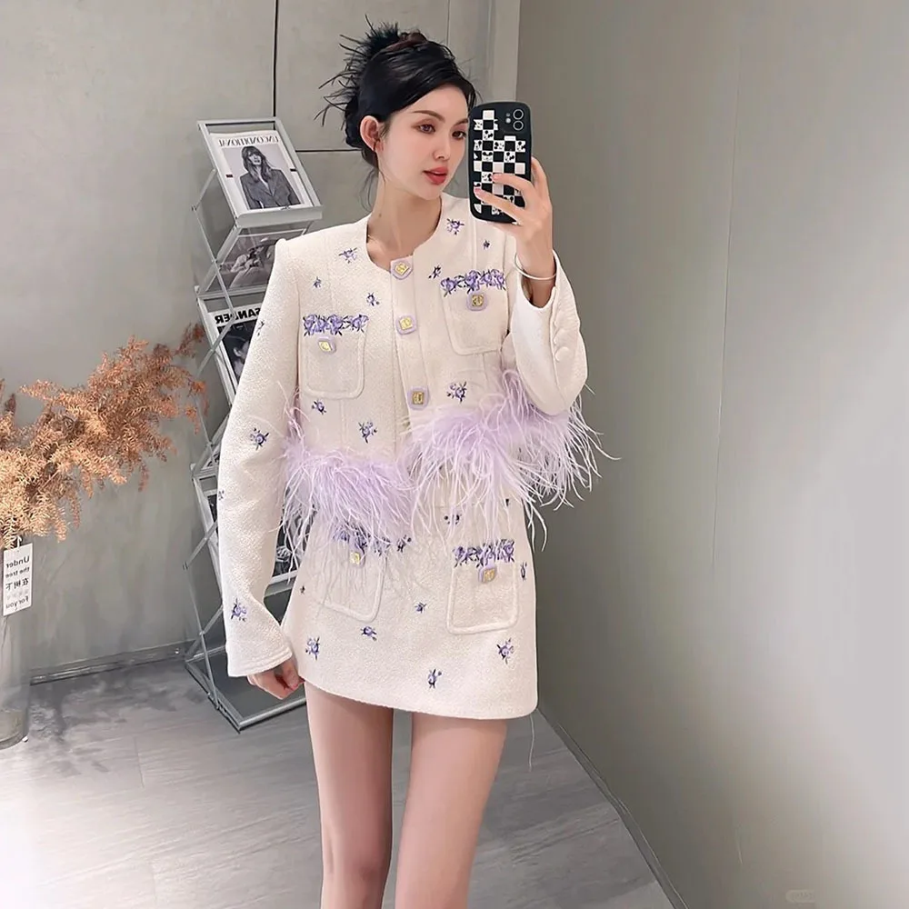 High End Women's Clothing Flower Feather Jacket Coat + Embroidery Mini Skirt Two Piece Set For Lady 2024 Light Luxury Sets Dress