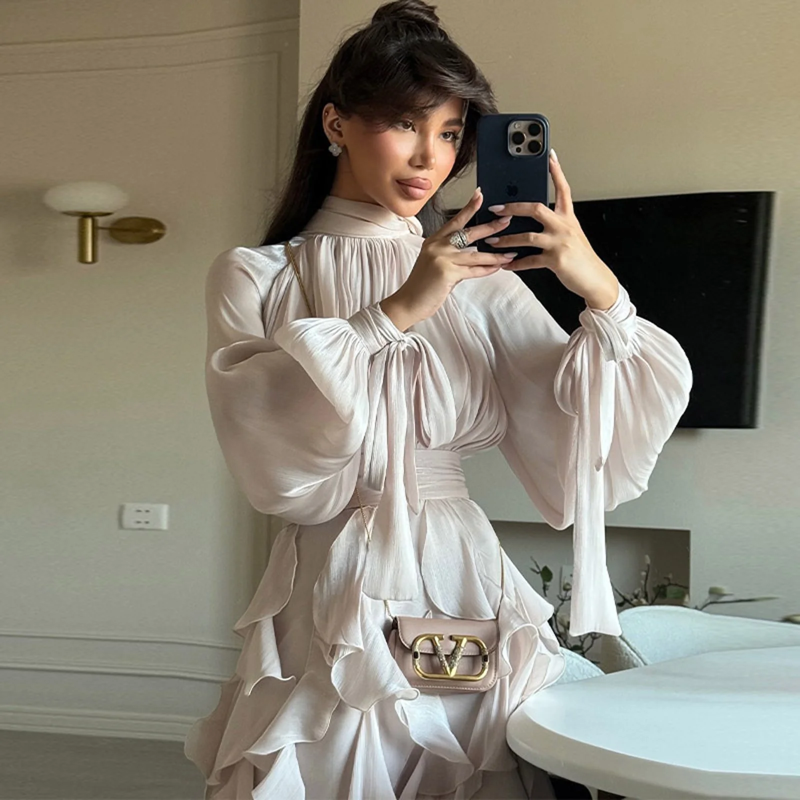 

Shiny Ruffled Maxi Dress For Women Elegant High Neck Long Sleeve Layered Flowy Satin Belted Formal Evening Party Gown