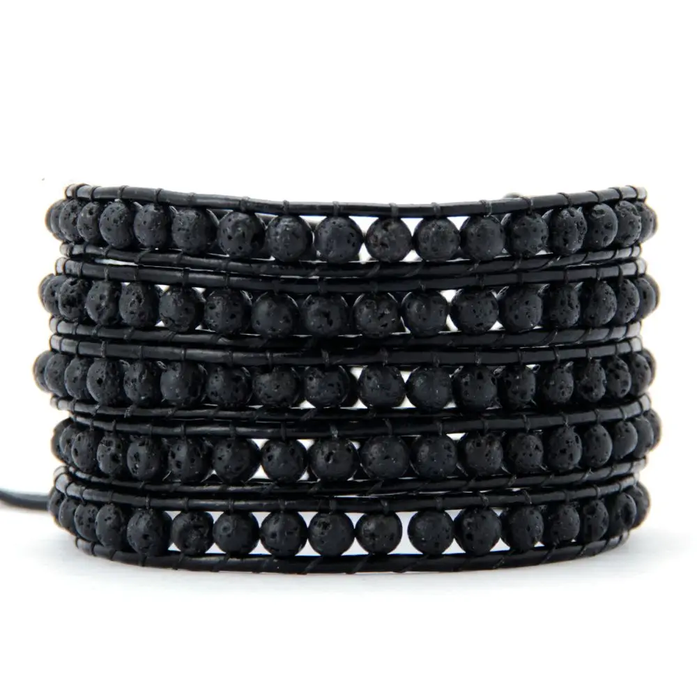 Kpop Jewelry Lava Beads Men's Bracelets Pure Black Leather Wrap Bangle Gothic Bijoux Best Seller Adjustable Shopify Suppliers