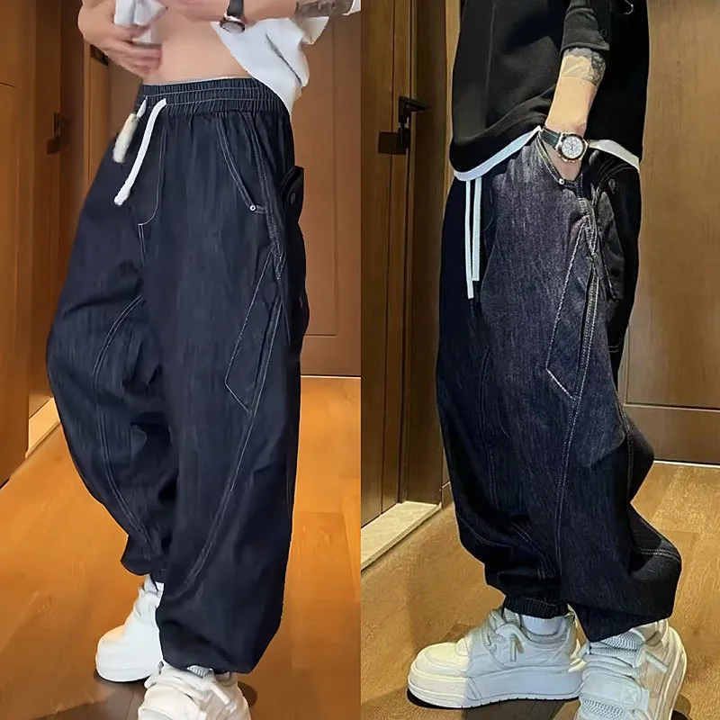 

Осенняя рабочая одежда Heavy Du, джинсы, мужские свободные повседневные длинные брюки с широкими штанинами и манжетами, молодежные джинсовые брюки, удобная посадка