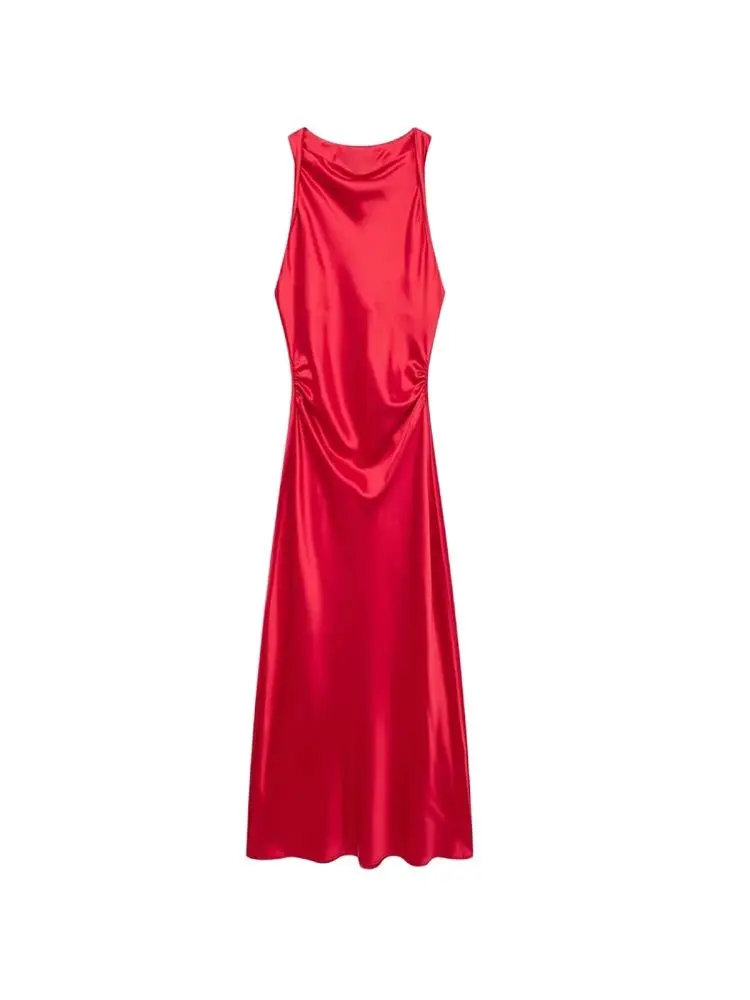 Women\'s Fitted Satin Midi Dress, Side with Gathered, O Neck, Sleeveless, Female Dresses, Chic Fashion