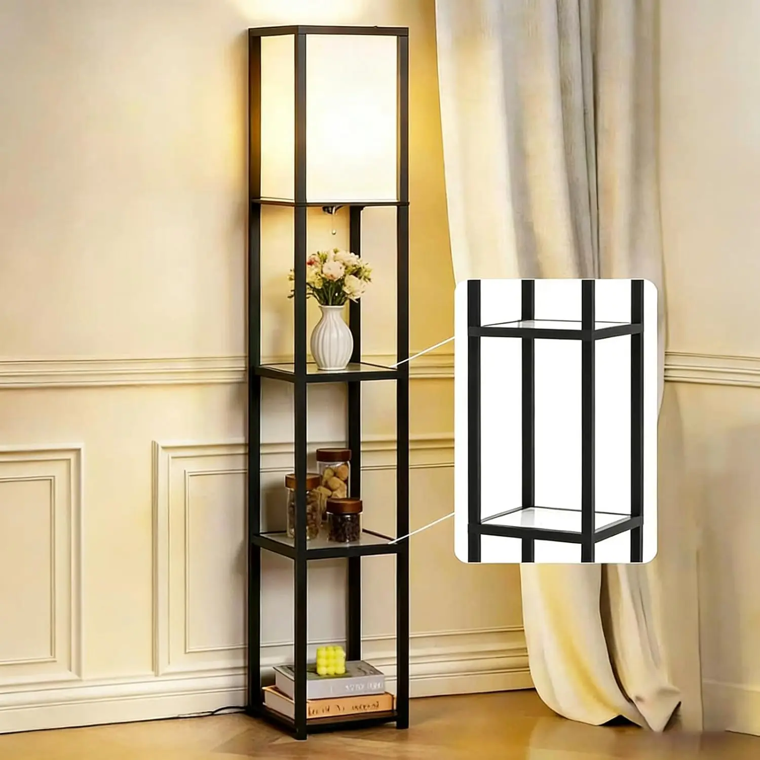 

Modern Square Floor Lamp with Glass Shelves, Tall Corner Display Light for Living Room, Bedroom, Office