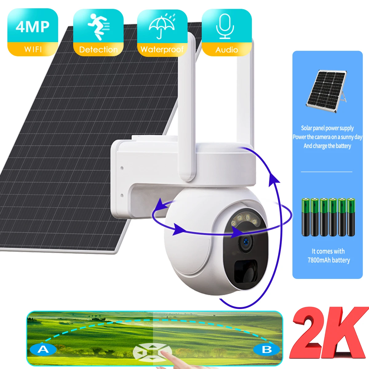 PTZ Camera 4G SIM Card Outdoor Solar IP Camera 4MP Built-in Battery Video Surveillance Camera Long Time Standby ESEECLOUD APP