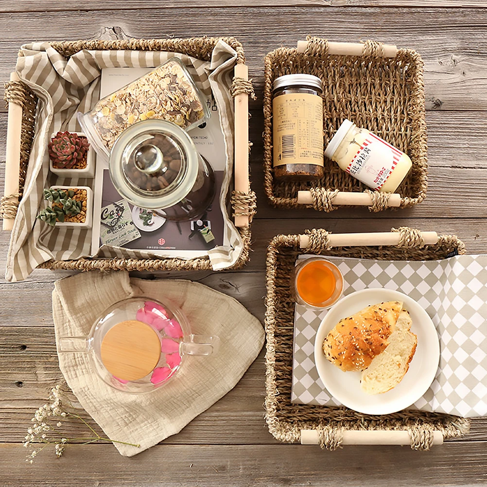 

29x29x9cm Wooden Handle Straw Basket Desktop Storage Organizer for Sundries Cosmetics Keys Tidy Home Decorative Basket