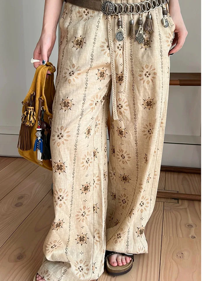 

Floral Print Casual Pants Women's Straight Leg Loose Fit Trousers with Waist Cord Spring 2026 Polyester Fiber Plant Pattern