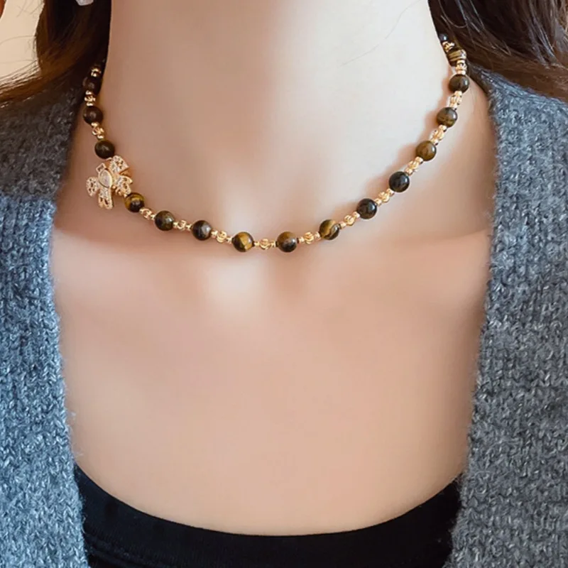 Mirad Tiger Eye Stone Necklace Niche Bow Zircon Neck Chain Bead Necklace Collarbone Chain Accessory