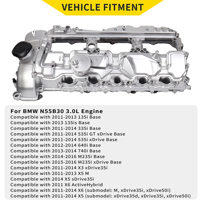 For BMW N55 3.0L 135i 335i 535i 640i 740i X3 X5 X6 535ixDrive Aluminum Valve Cylinder Head Cover W/Gasket & Bolts 11127570292