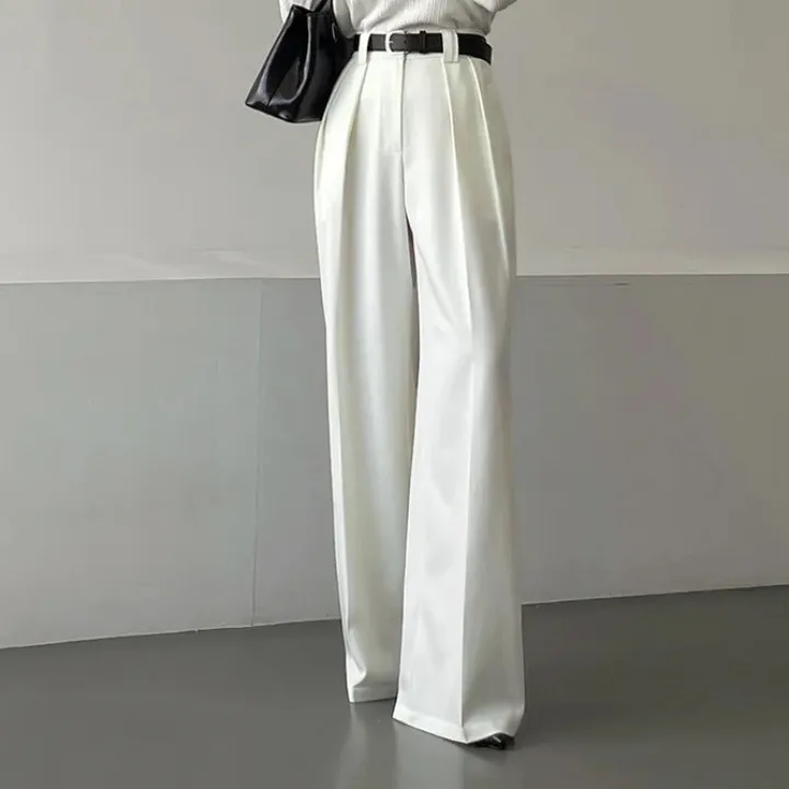 High Waist Draped Design Wide Leg Floor Length Casual Pants Korean Style Standard Body Polyester Long Trousers for Ladies